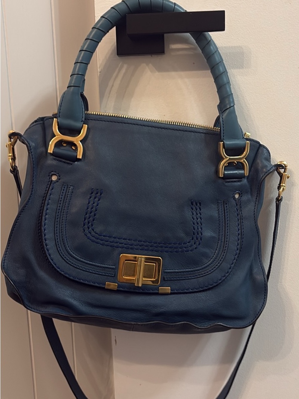 Chloe Blue Leather Top-Handle Shoulder Bag with Gold Hardware